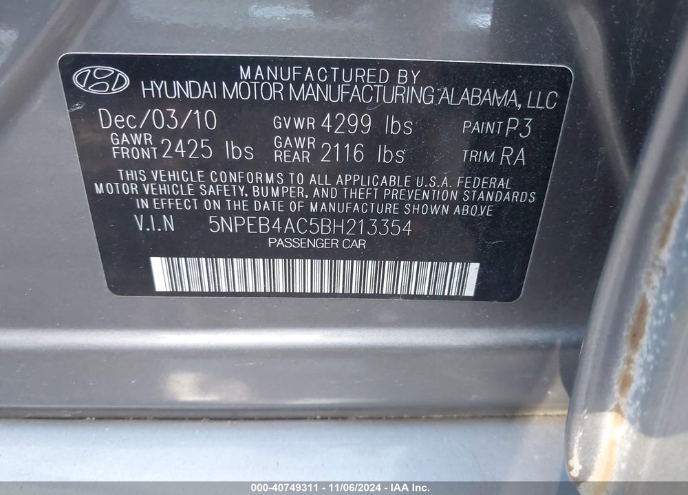 2011 HYUNDAI SONATA GLS VIN: 5NPEB4AC5BH213354