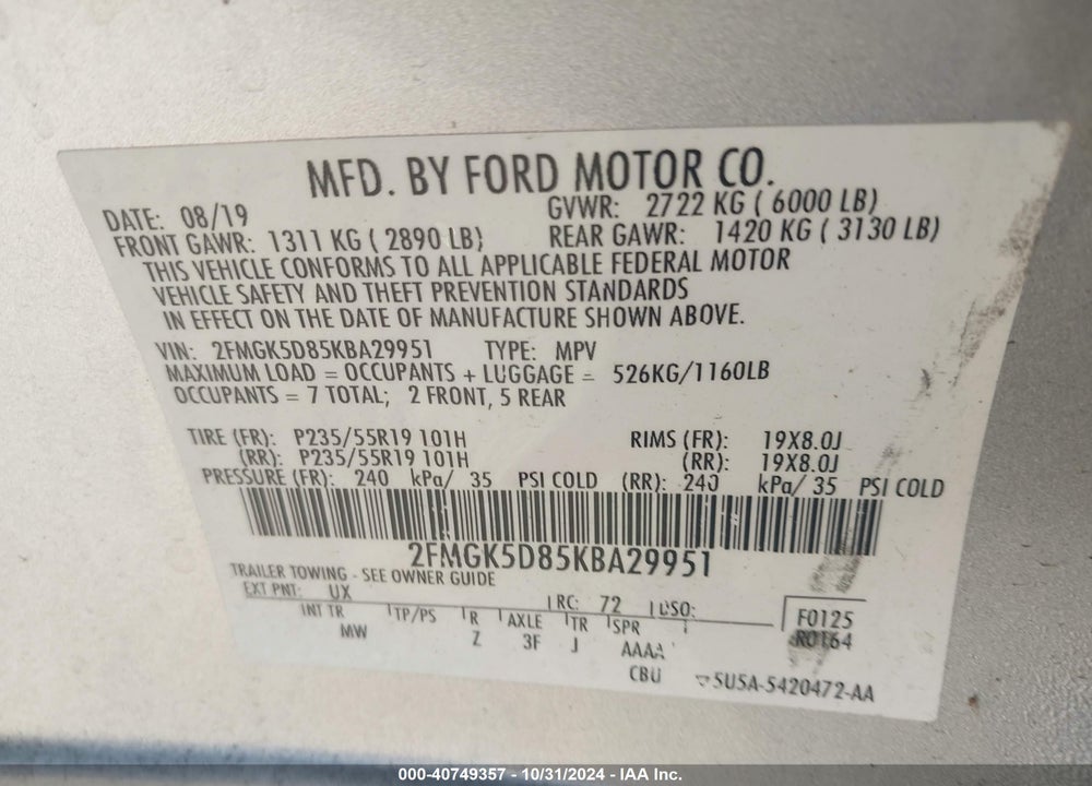 2019 FORD FLEX LIMITED VIN: 2FMGK5D85KBA29951