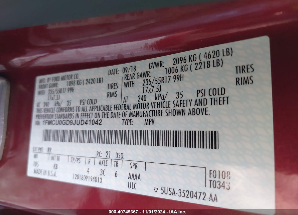 2018 FORD ESCAPE SE VIN: 1FMCU0GD9JUD41042