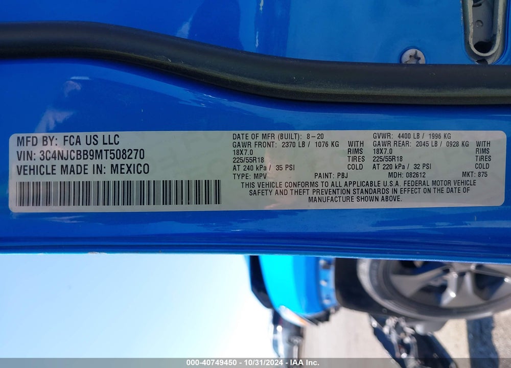 2021 JEEP COMPASS ALTITUDE FWD VIN: 3C4NJCBB9MT508270