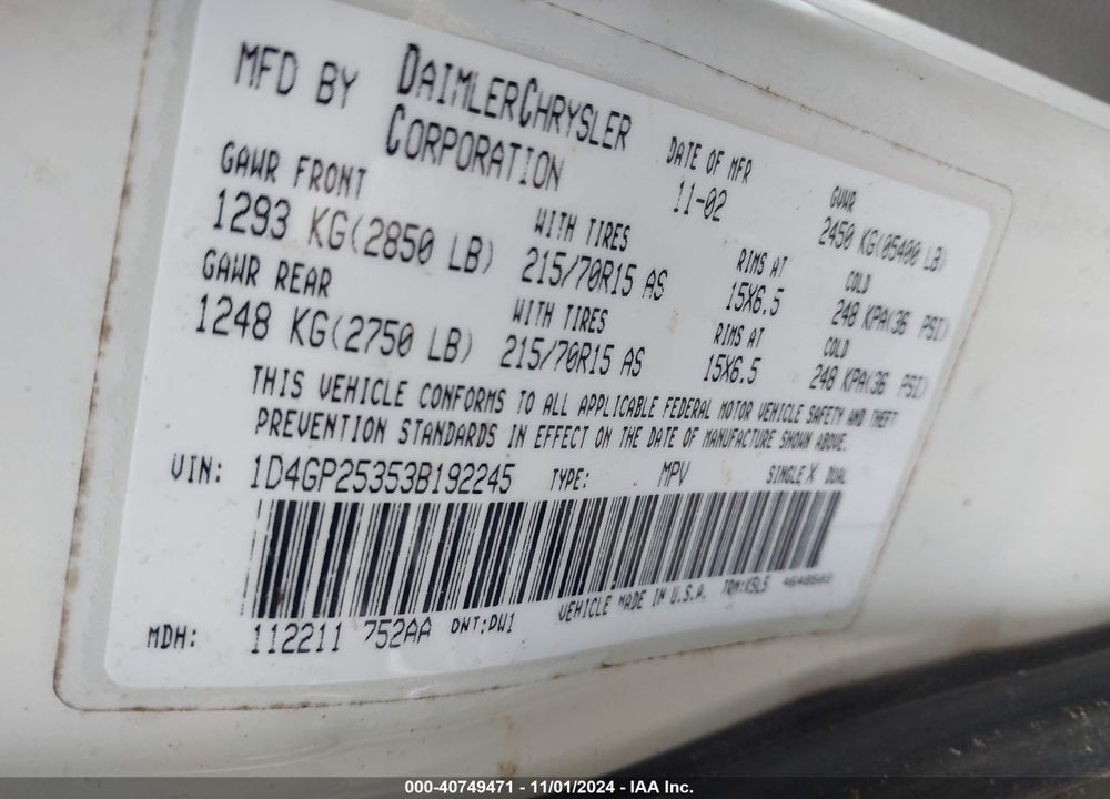 2003 DODGE CARAVAN SE VIN: 1D4GP25353B192245