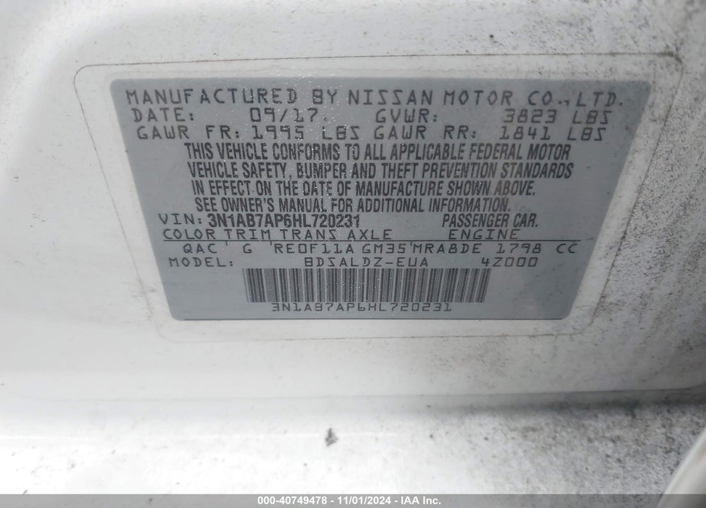 2017 NISSAN SENTRA SV VIN: 3N1AB7AP6HL720231
