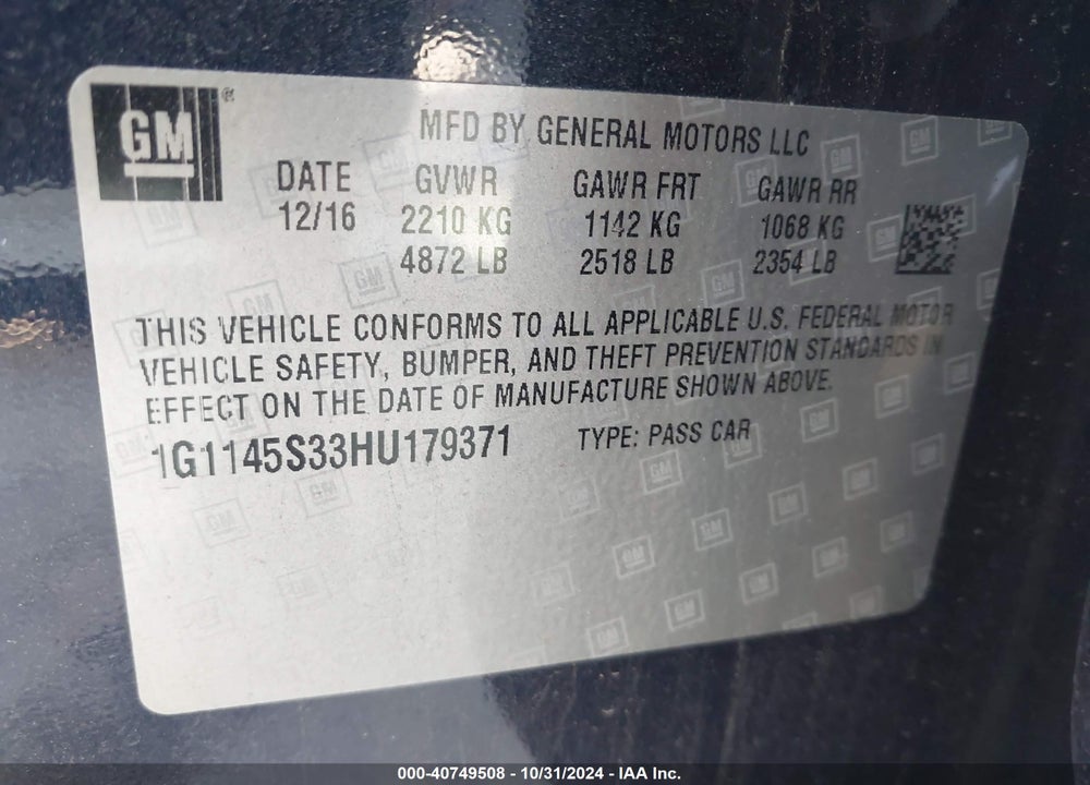 2017 CHEVROLET IMPALA 2LZ VIN: 1G1145S33HU179371