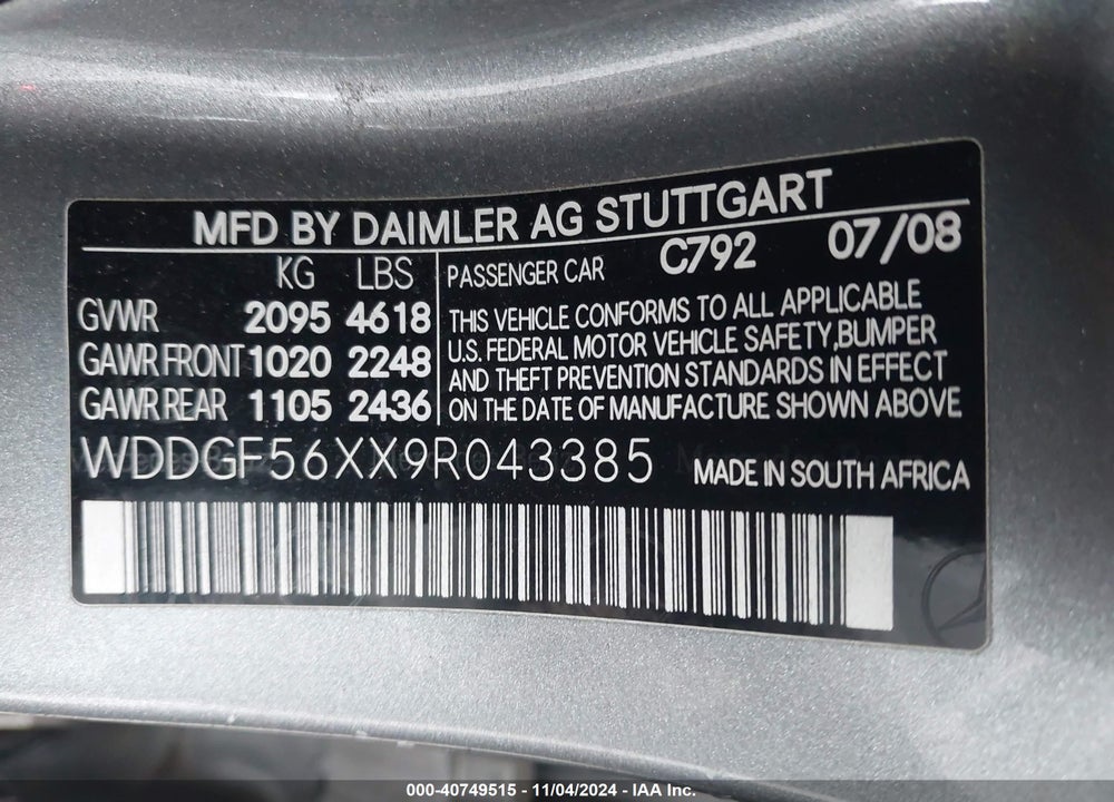 2009 MERCEDES-BENZ C 350 SPORT VIN: WDDGF56XX9R043385
