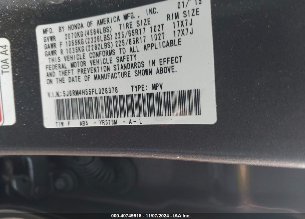 2015 HONDA CR-V EX VIN: 5J6RM4H55FL028378
