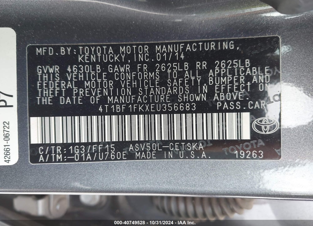 2014 TOYOTA CAMRY VIN: 4T1BF1FKXEU356683