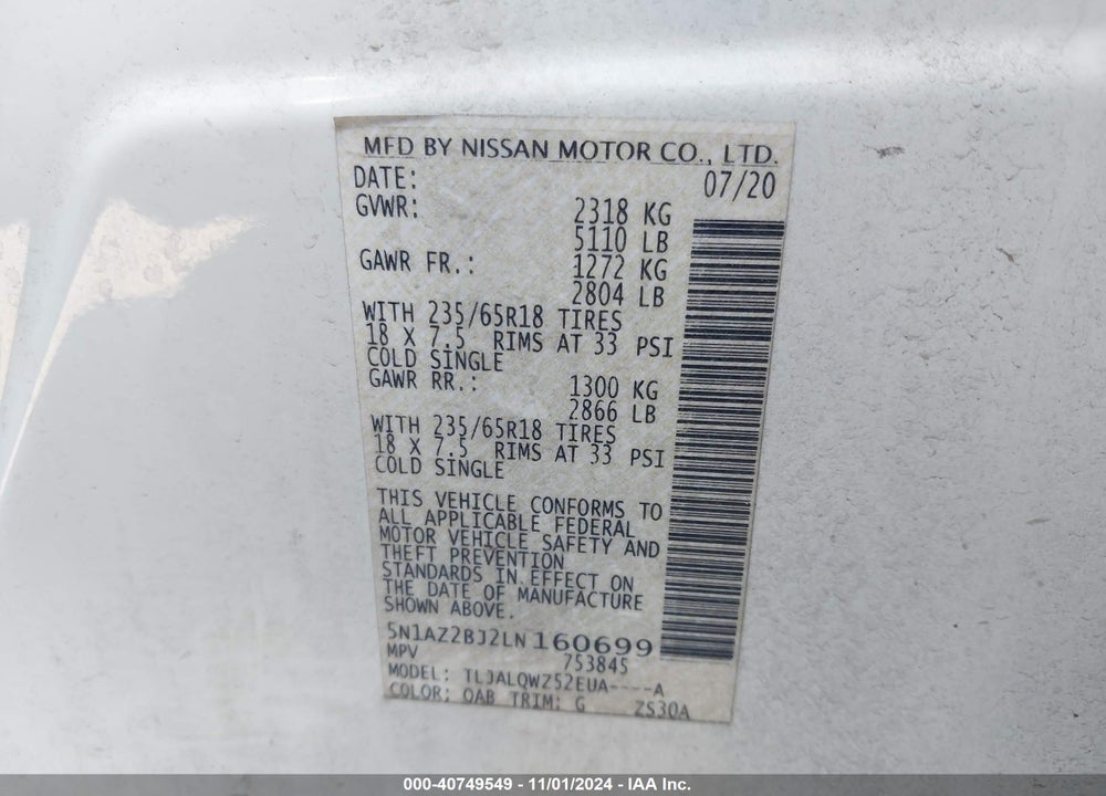 2020 NISSAN MURANO SV FWD VIN: 5N1AZ2BJ2LN160699