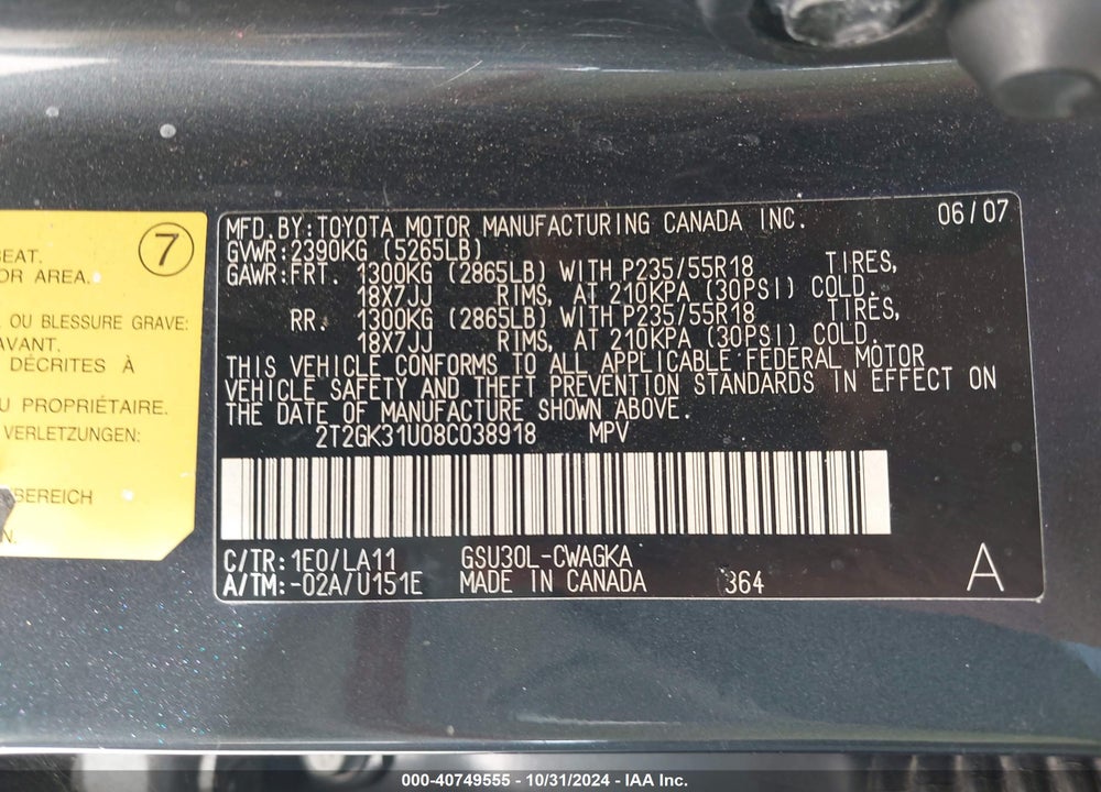 2008 LEXUS RX 350 VIN: 2T2GK31U08C038918