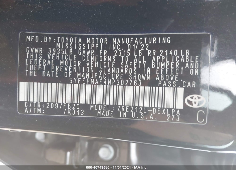 2022 TOYOTA COROLLA LE VIN: 5YFEPMAE4NP302763
