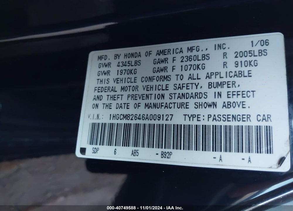 2006 HONDA ACCORD 3.0 EX VIN: 1HGCM82646A009127