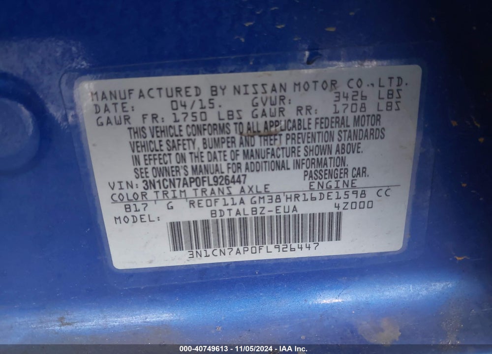 2015 NISSAN VERSA 1.6 SV VIN: 3N1CN7AP0FL926447