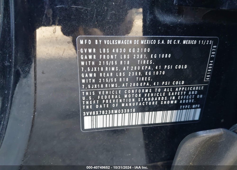2024 VOLKSWAGEN TAOS 1.5T S VIN: 3VV8X7B23RM033916