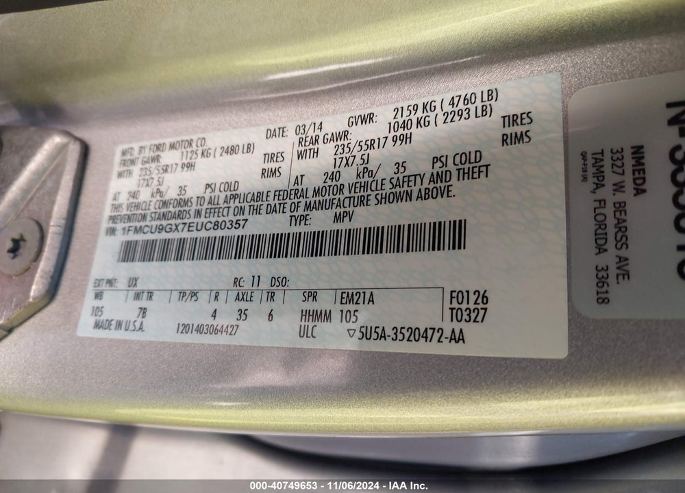 2014 FORD ESCAPE SE VIN: 1FMCU9GX7EUC80357