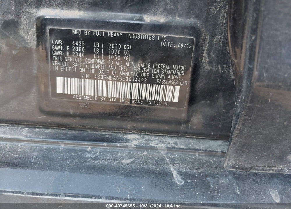 2014 SUBARU LEGACY 2.5I VIN: 4S3BMBA66E3014423