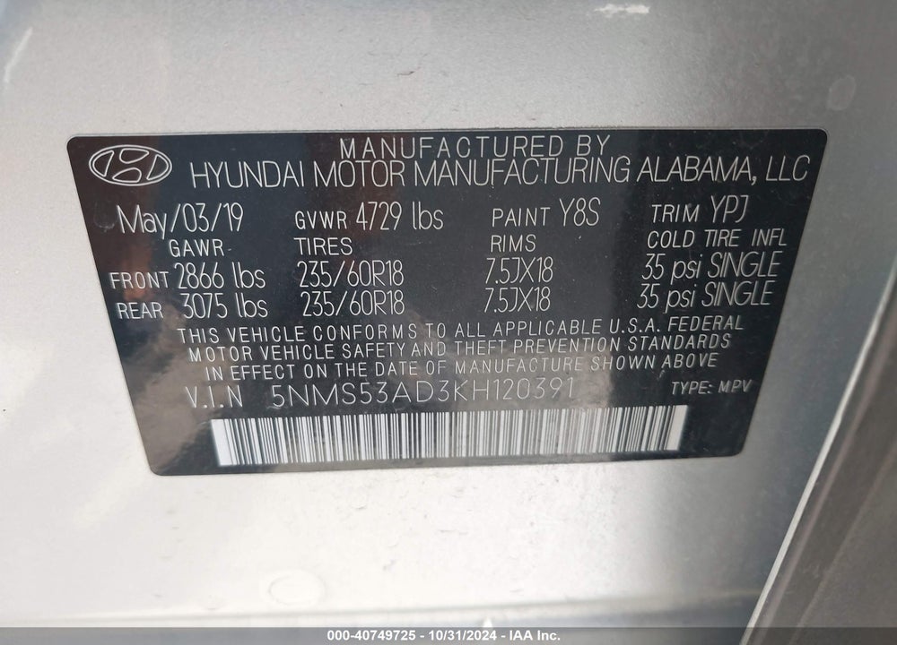 2019 HYUNDAI SANTA FE ULTIMATE VIN: 5NMS53AD3KH120391