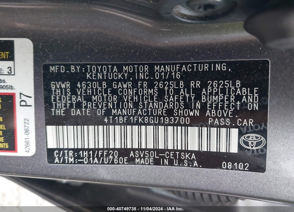 2016 TOYOTA CAMRY SE VIN: 4T1BF1FK8GU193700