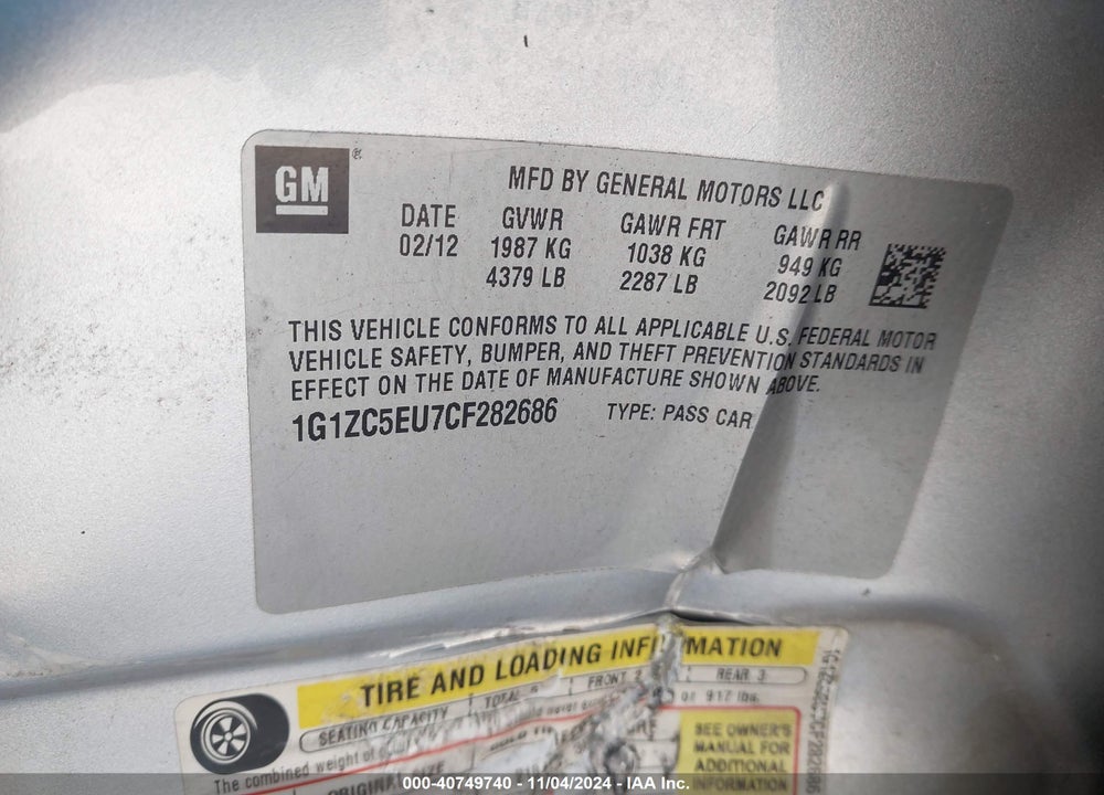 2012 CHEVROLET MALIBU 1LT VIN: 1G1ZC5EU7CF282686