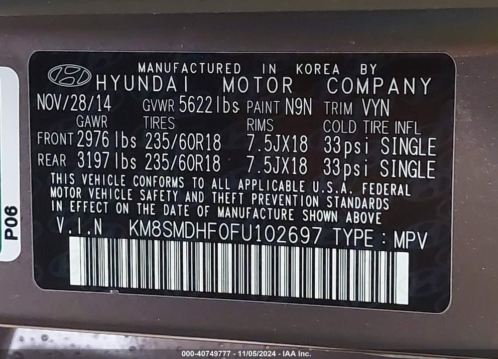 2015 HYUNDAI SANTA FE GLS VIN: KM8SMDHF0FU102697