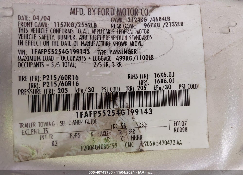 2004 FORD TAURUS SES VIN: 1FAFP55254G199143