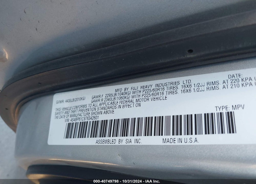 2007 SUBARU LEGACY 2.5I/2.5I BASIC VIN: 4S4BP61C976342601