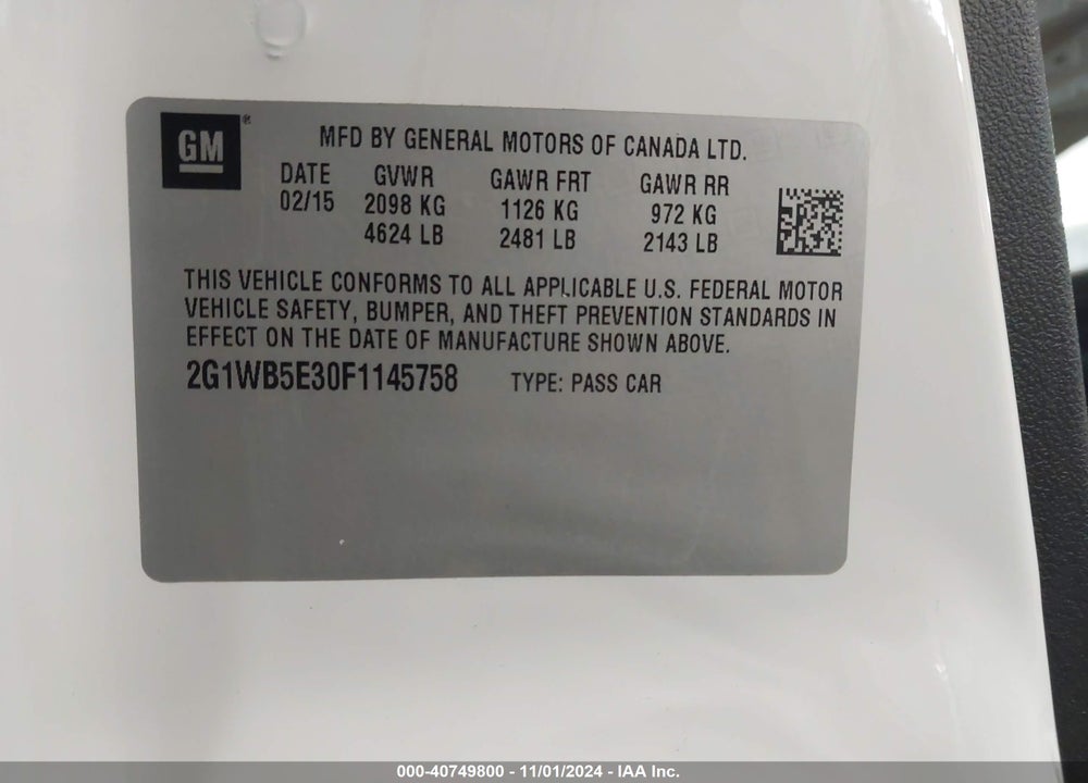 2015 CHEVROLET IMPALA LIMITED LT VIN: 2G1WB5E30F1145758