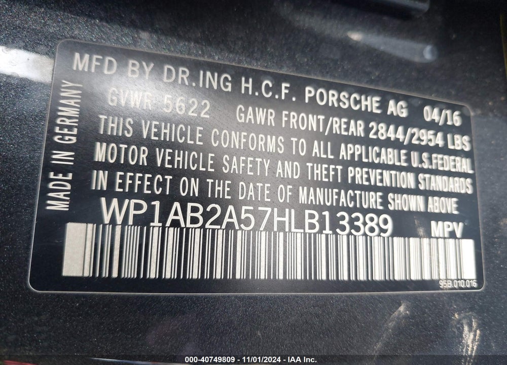2017 PORSCHE MACAN S VIN: WP1AB2A57HLB13389