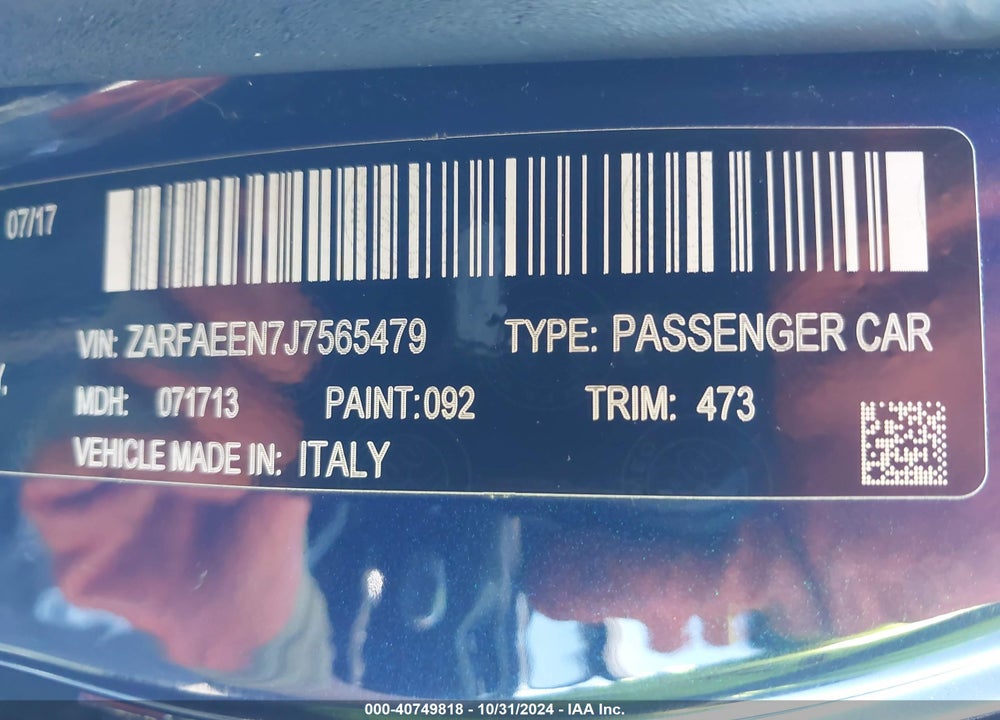 2018 ALFA ROMEO GIULIA TI SPORT AWD VIN: ZARFAEEN7J7565479