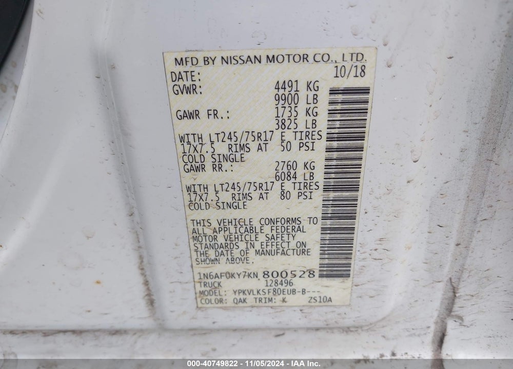 2019 NISSAN NV CARGO NV3500 HD SL V8 VIN: 1N6AF0KY7KN800528
