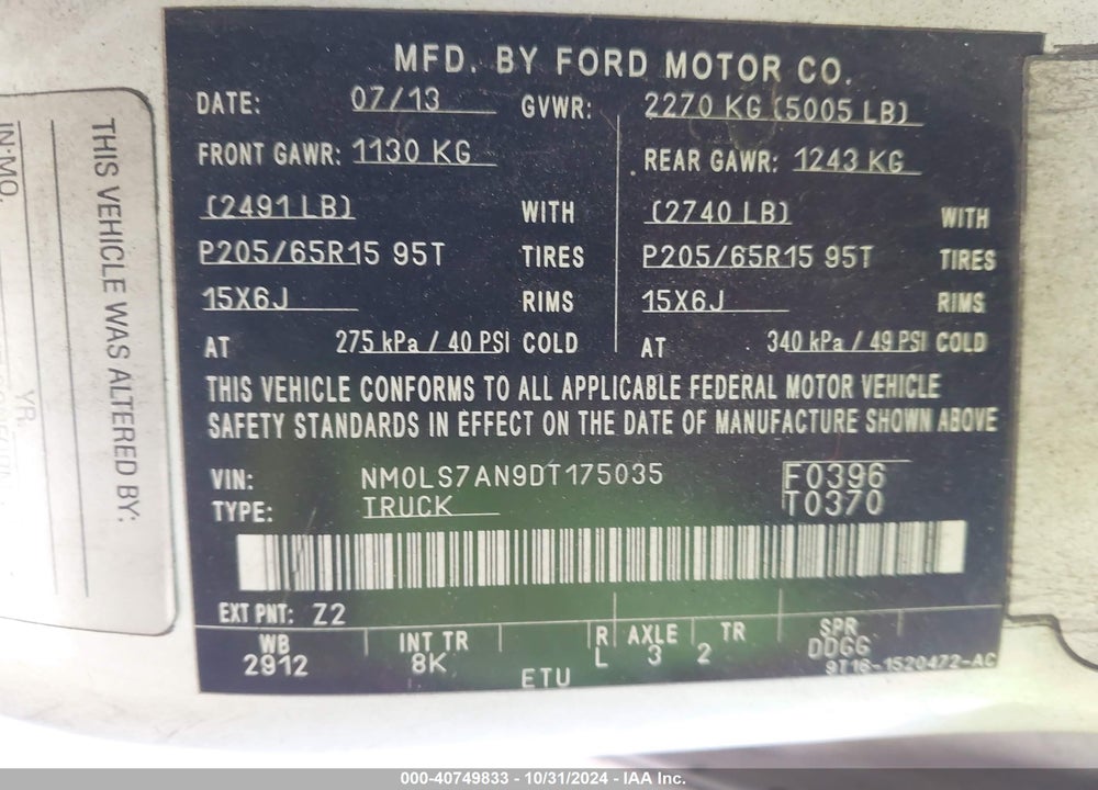 2013 FORD TRANSIT CONNECT XL VIN: NM0LS7AN9DT175035