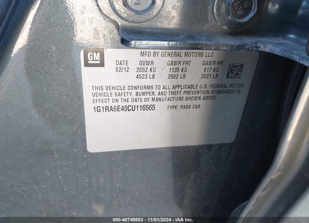 2012 CHEVROLET VOLT VIN: 1G1RA6E40CU116565