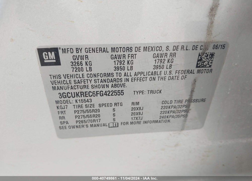2015 CHEVROLET SILVERADO 1500 2LT VIN: 3GCUKREC6FG422555