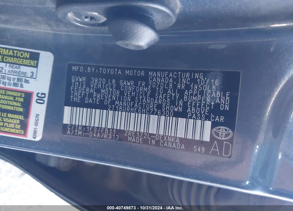 2017 TOYOTA COROLLA LE VIN: 2T1BURHE6HC776300