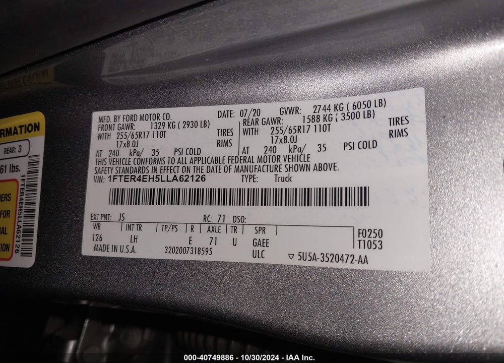 2020 FORD RANGER XL VIN: 1FTER4EH5LLA62126