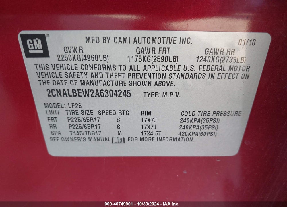 2010 CHEVROLET EQUINOX LS VIN: 2CNALBEW2A6304245