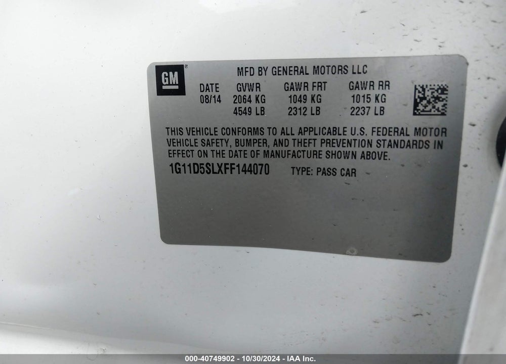 2015 CHEVROLET MALIBU 2LT VIN: 1G11D5SLXFF144070