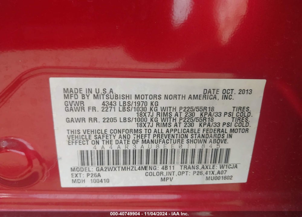 2014 MITSUBISHI OUTLANDER SPORT ES VIN: 4A4AR3AU8EE011845