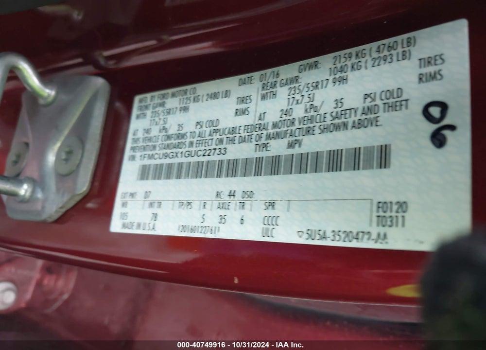 2016 FORD ESCAPE SE VIN: 1FMCU9GX1GUC22733