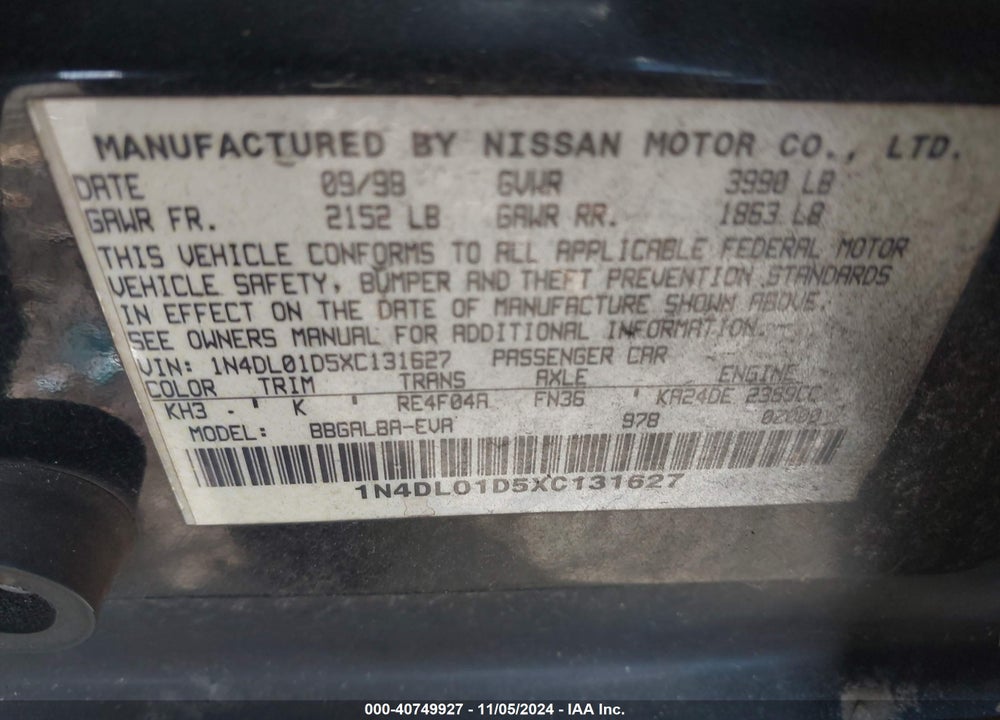 1999 NISSAN ALTIMA GLE/GXE/SE/SE-L/XE VIN: 1N4DL01D5XC131627