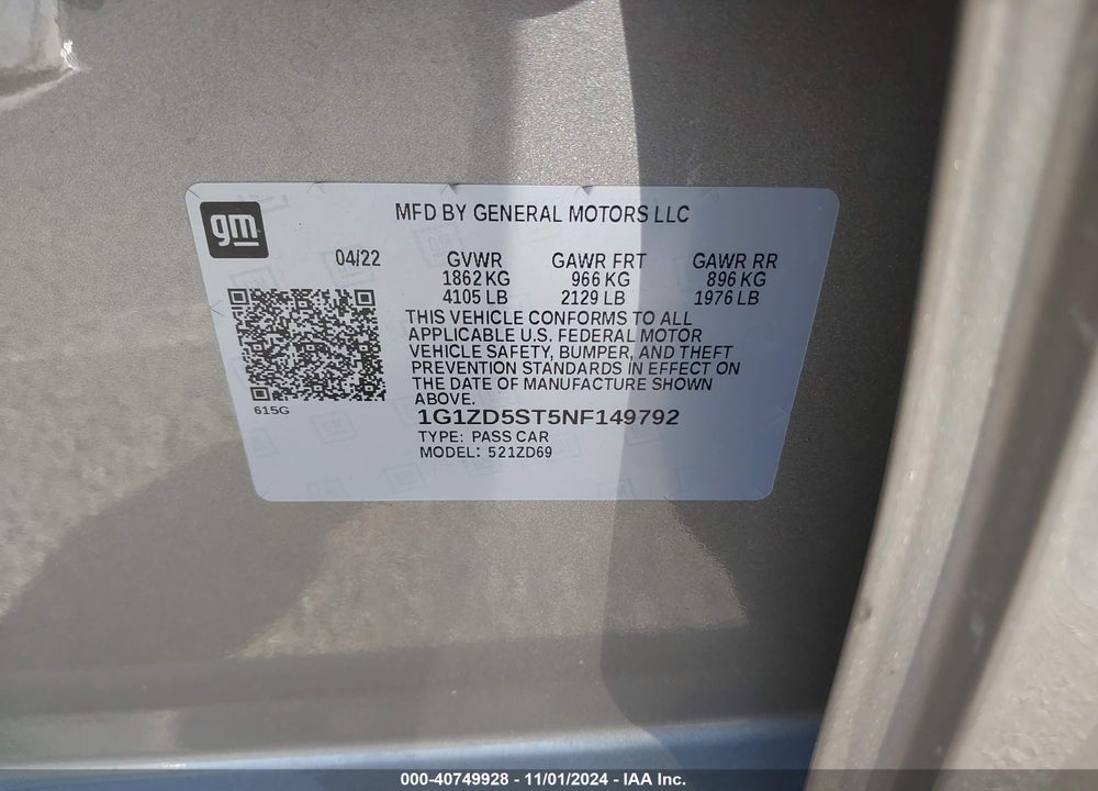 2022 CHEVROLET MALIBU FWD LT VIN: 1G1ZD5ST5NF149792