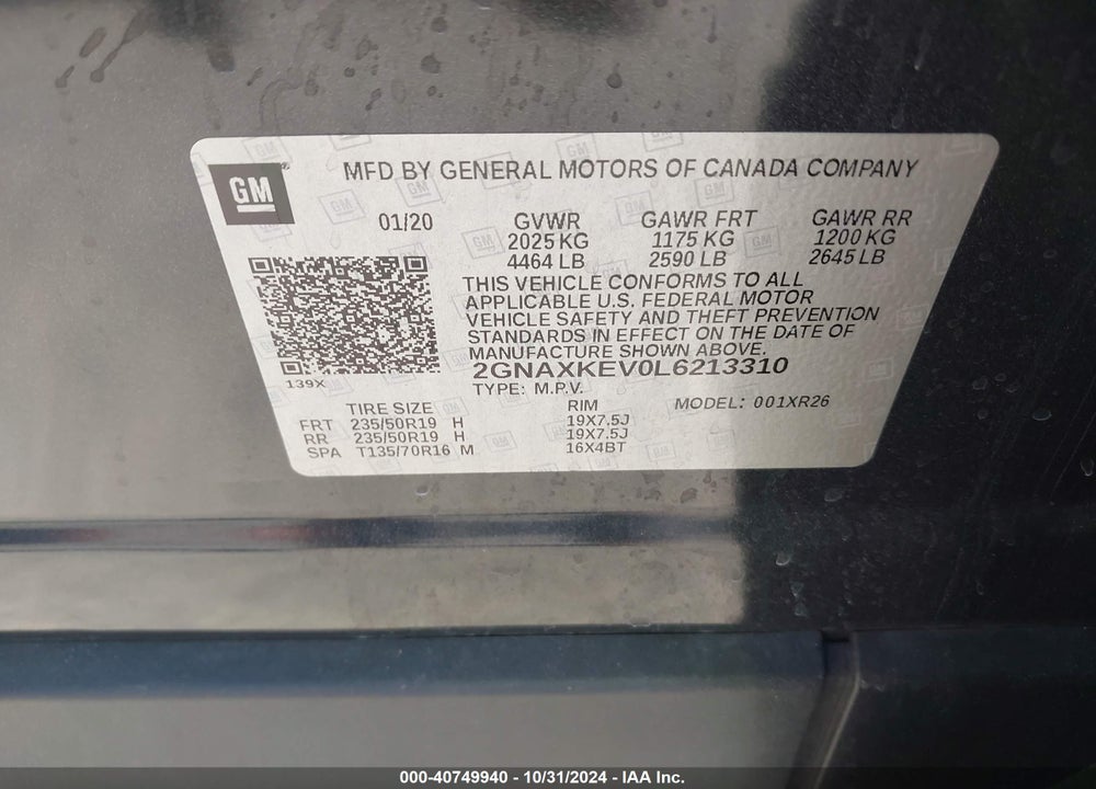 2020 CHEVROLET EQUINOX FWD LT 1.5L TURBO VIN: 2GNAXKEV0L6213310