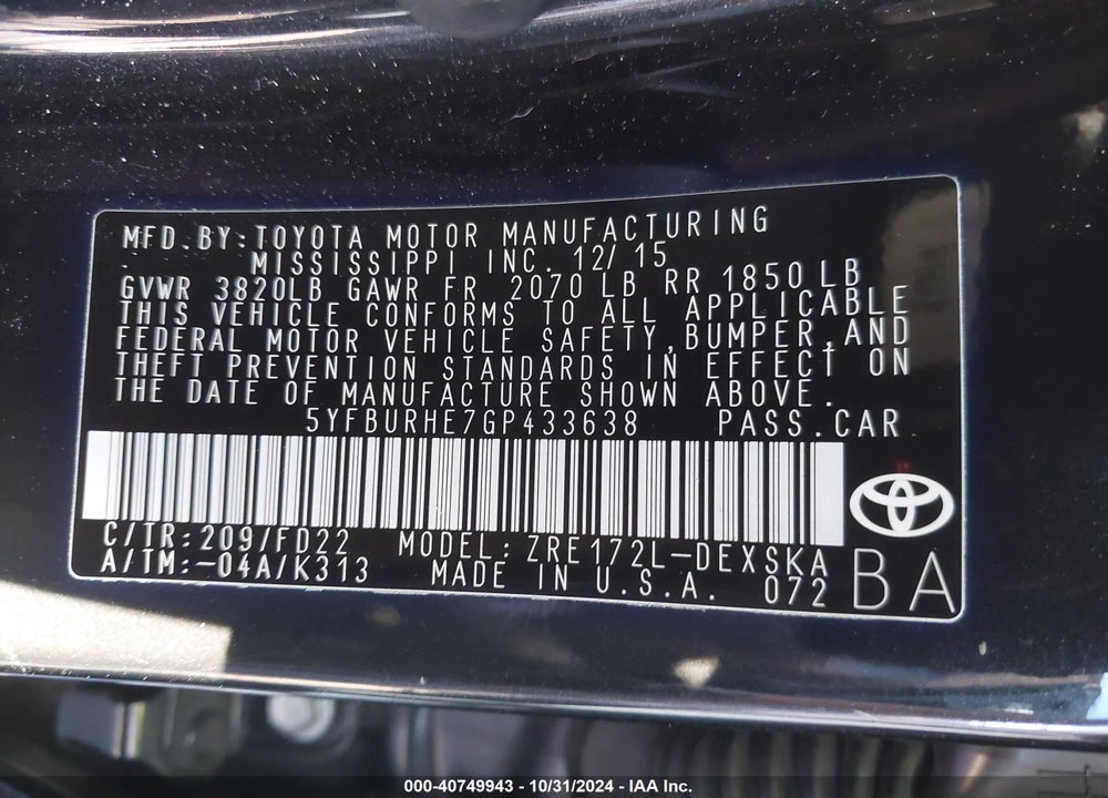 2016 TOYOTA COROLLA S VIN: 5YFBURHE7GP433638