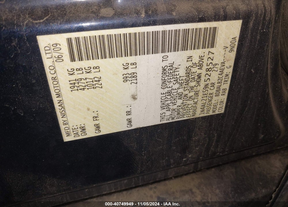 2009 NISSAN ALTIMA 2.5 S VIN: 1N4AL21E59N528527