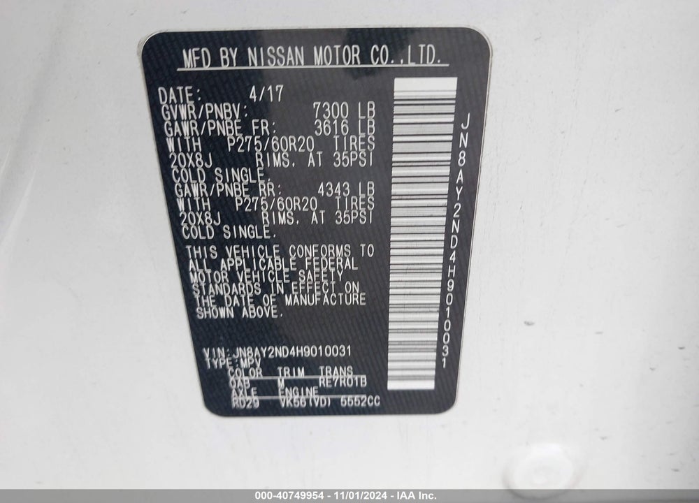2017 NISSAN ARMADA PLATINUM VIN: JN8AY2ND4H9010031