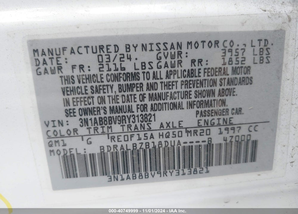 2024 NISSAN SENTRA S XTRONIC CVT VIN: 3N1AB8BV9RY313821