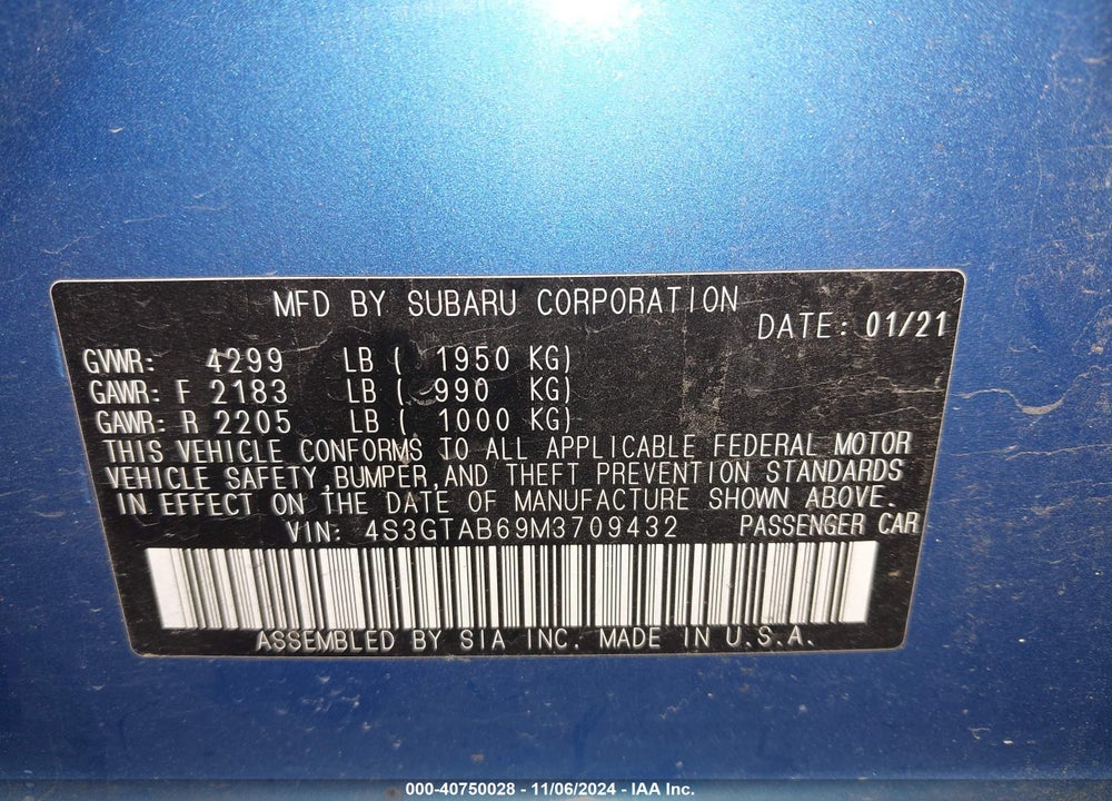 2021 SUBARU IMPREZA 5-DOOR VIN: 4S3GTAB69M3709432