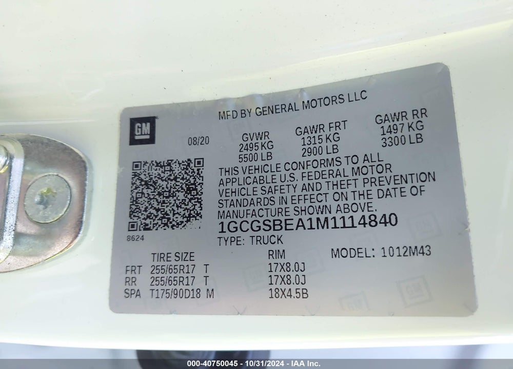 2021 CHEVROLET COLORADO 2WD SHORT BOX WT VIN: 1GCGSBEA1M1114840