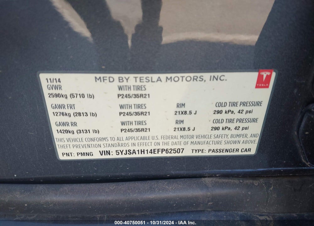 2014 TESLA MODEL S P85 VIN: 5YJSA1H14EFP62507