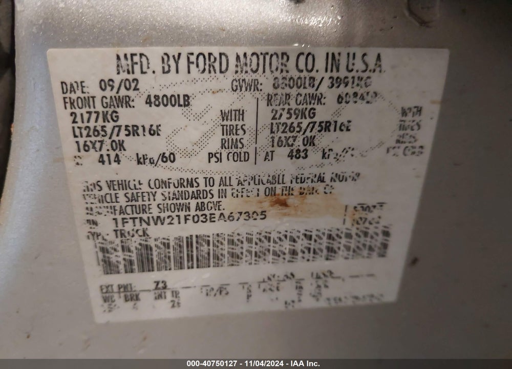 2003 FORD F-250 LARIAT/XL/XLT VIN: 1FTNW21F03EA67305