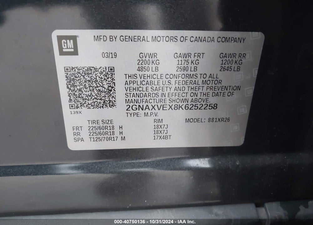 2019 CHEVROLET EQUINOX LT VIN: 2GNAXVEX8K6252258