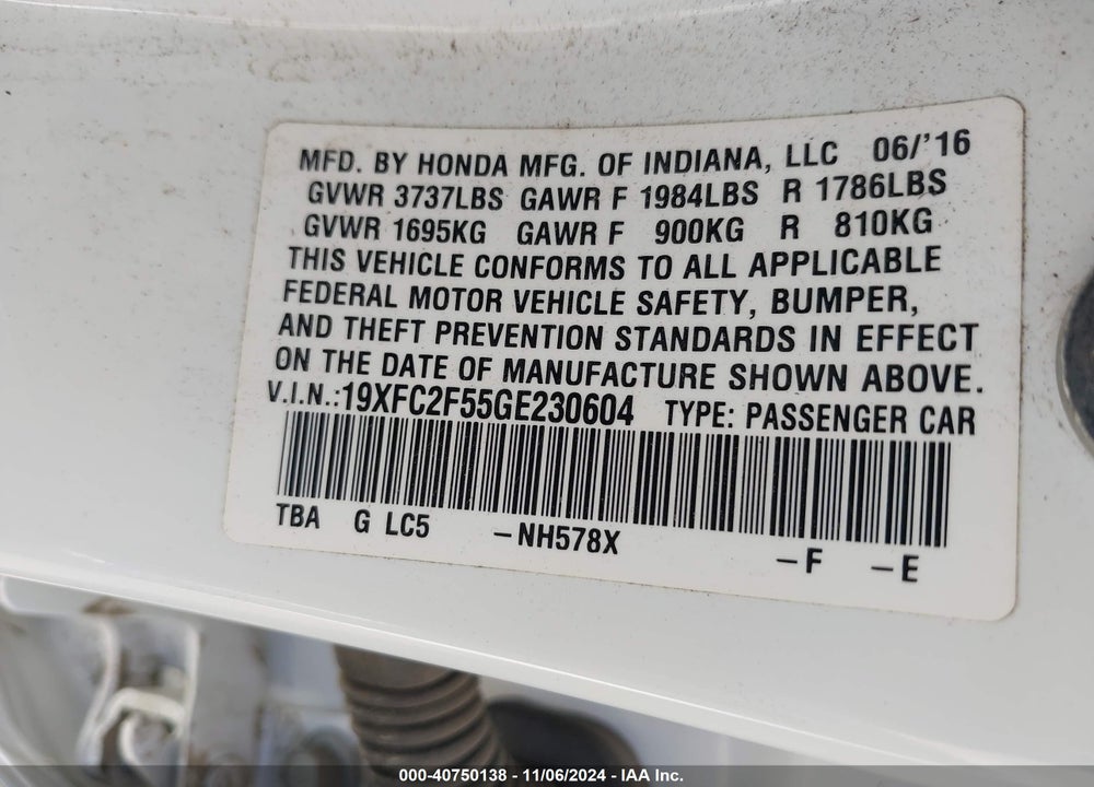 2016 HONDA CIVIC LX VIN: 19XFC2F55GE230604